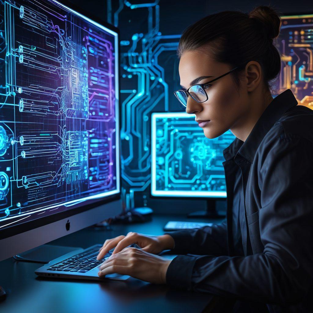 A determined web designer meticulously crafting a robust website on a high-tech digital canvas, featuring vibrant wireframes and seamless code streams. The background should depict interconnected circuits symbolizing resilience and an ever-present online network. super-realistic. vibrant colors. futuristic design. 3D elements.