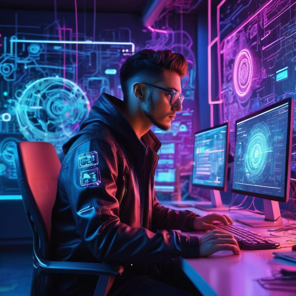 A determined web developer seated at an ultra-modern workstation, surrounded by futuristic and intricate web design schematics, passionately brainstorming. The background showcases a vivid blend of creativity and technology with dynamic, swirling neon colors. Elements like gears, coding lines, and design sketches float around symbolizing relentless creativity. cyberpunk. vibrant colors. futuristic aesthetic.